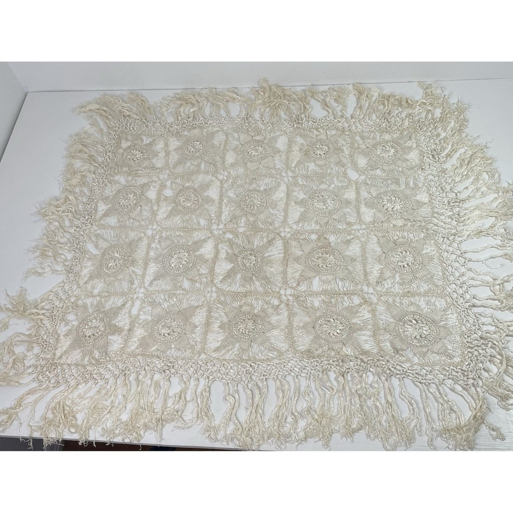 Vintage Cream Lace Crochet Coverlet Shawl Wrap Square Floral Fringe Delicate
